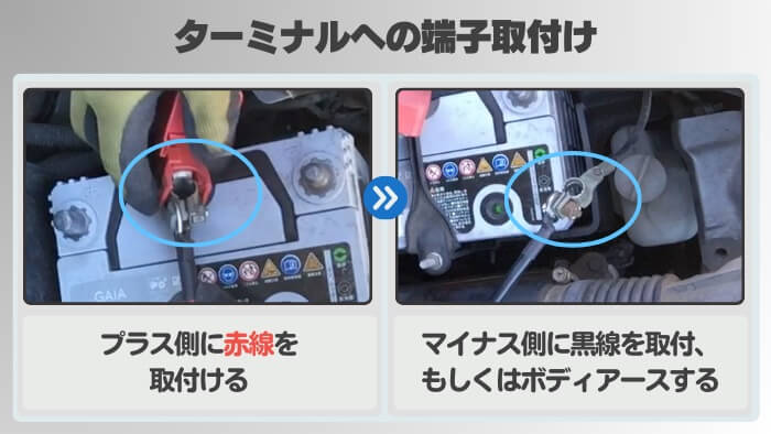 オルターネーターチャージャーの配線をバッテリーターミナルに固定
