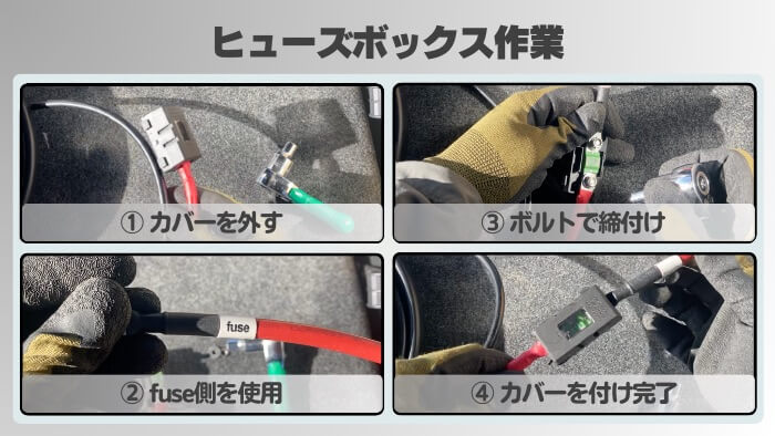 ヒューズボックスにプラスの配線を固定
