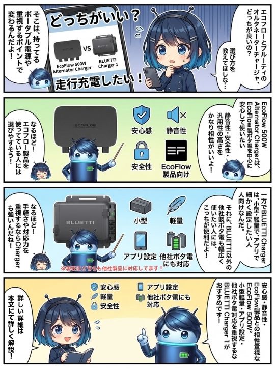 EcoFlow 500W Alternator ChargerとBLUETTI Charger 1の違いと選び方