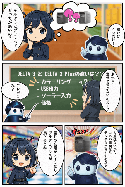 デルタ3とプラスの違い_4コマ漫画