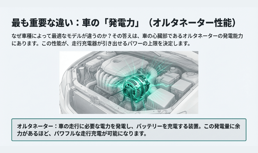 オルタネーターの推奨出力の目安（600モデル→50〜70A／Plus 1000モデル→80〜120A）