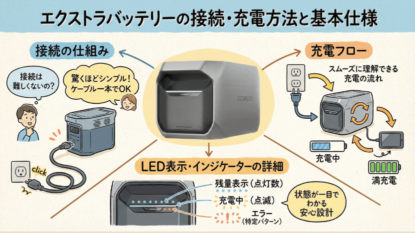 エクストラバッテリーの接続・充電方法と基本仕様