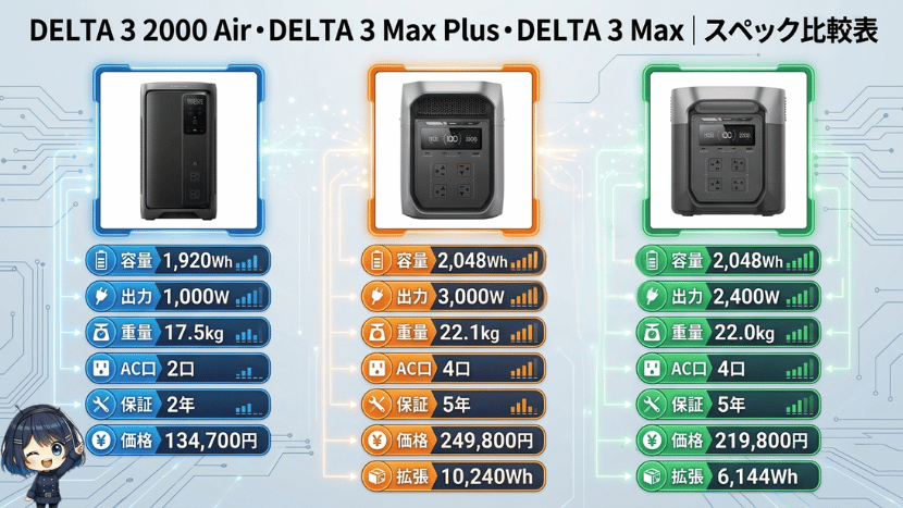 DELTA 3 2000 Air・DELTA 3 Max Plus・DELTA 3 Max|スペック比較