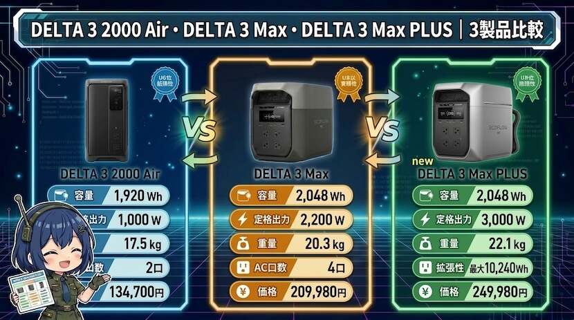 DELTA 3 2000 Air・DELTA 3 Max・DELTA 3 Max PLUS｜3製品比較