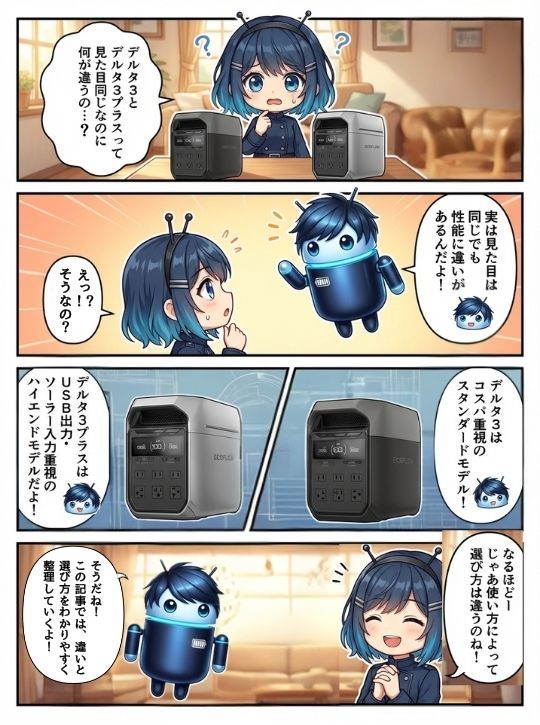 DELTA 3とDELTA 3 Plusの違いを説明する導入4コマ漫画