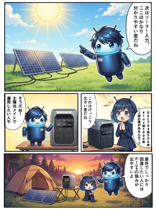 DELTA 3とDELTA 3 Plusのソーラー入力の違いを解説する漫画