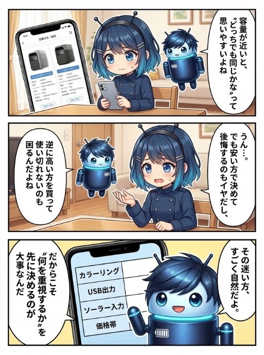 DELTA 3とDELTA 3 Plusの比較で迷う理由を、ポタみとポタまるの会話で整理する3コマ漫画