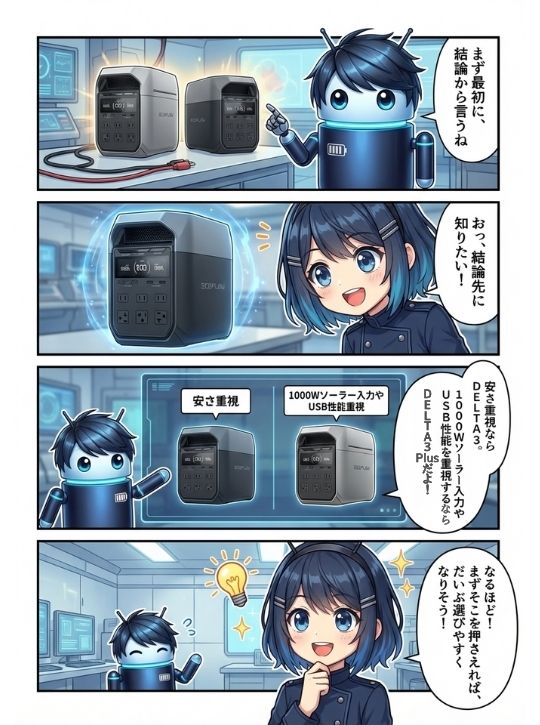 DELTA 3は安さ重視、DELTA 3 Plusは1000Wソーラー入力やUSB性能重視と結論を先出しする4コマ漫画