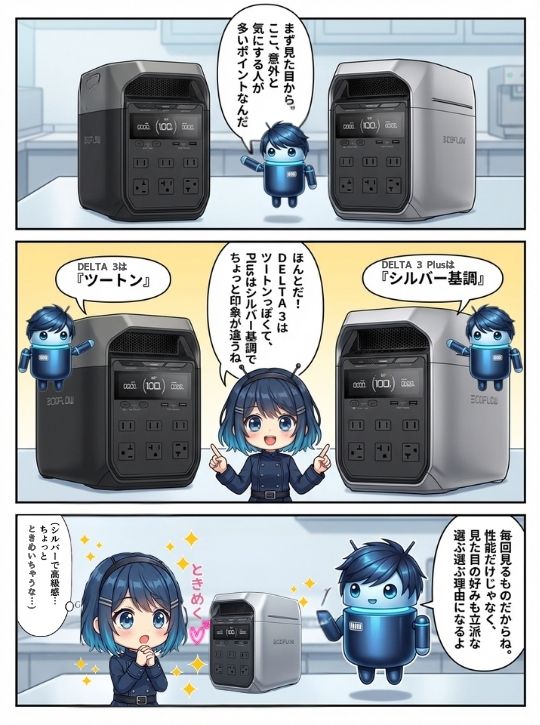 DELTA 3のツートンカラーとDELTA 3 Plusのシルバー基調の違いを紹介する3コマ漫画
