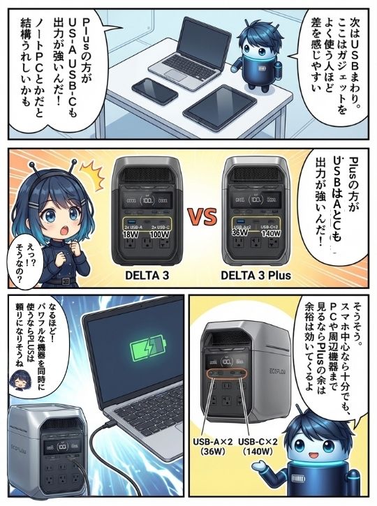 DELTA 3とDELTA 3 PlusのUSB出力差を比較し、Plusの方がガジェット充電に強いと解説する3コマ漫画