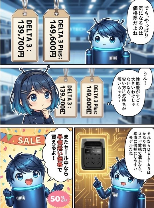 DELTA 3とDELTA 3 Plusの価格差を比較し、コスパ重視ならDELTA 3が有力と伝える3コマ漫画
