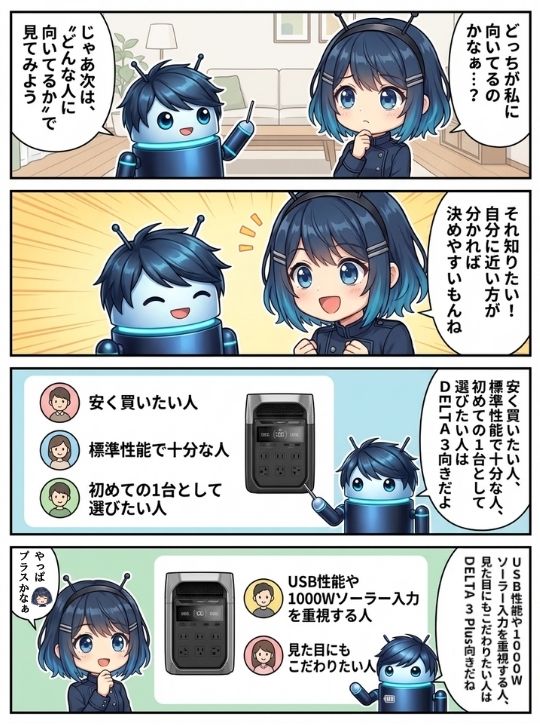 DELTA 3が向いている人とDELTA 3 Plusが向いている人の違いを整理する4コマ漫画