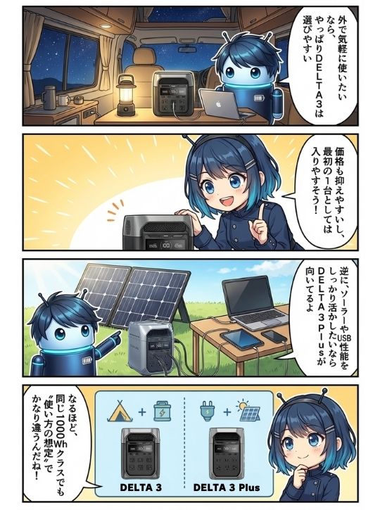 車中泊やキャンプではDELTA 3、ソーラーやUSB性能を重視するならDELTA 3 Plusが向くと解説する4コマ漫画