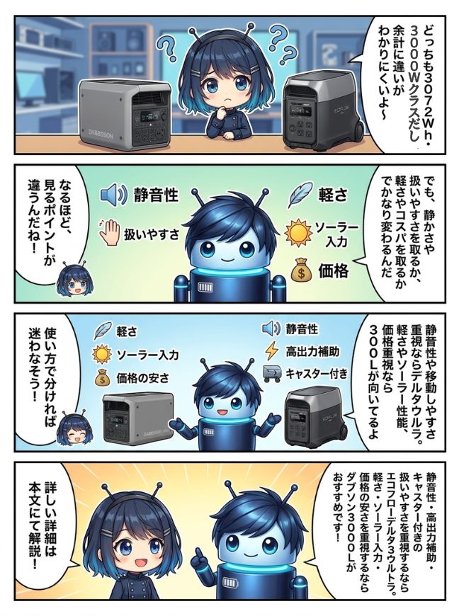 エコフロー デルタ3ウルトラとダブソン3000L、結局どっちが向いてる？
