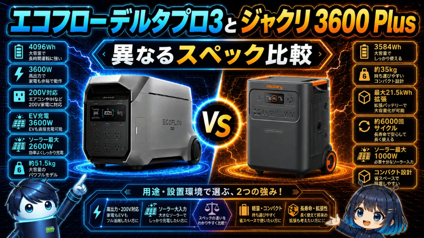 エコフロー デルタプロ3とジャクリ 3600 Plus｜異なるスペック比較