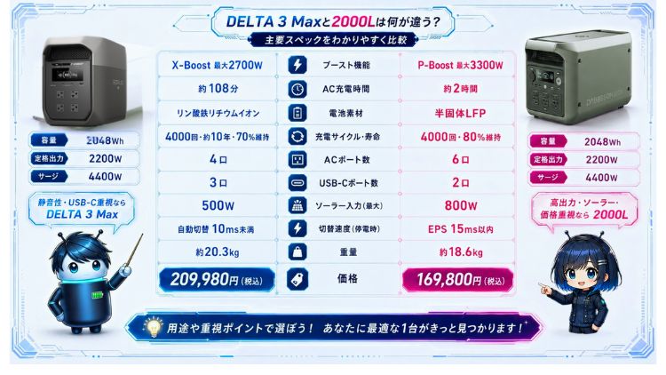  DELTA 3 Maxと2000Lとの違いとは？エコフロー・ダブソン比較