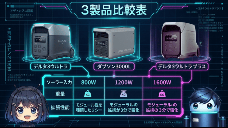 エコフロー デルタ3ウルトラ・ダブソン3000L・デルタ3ウルトラプラス｜3製品比較表
