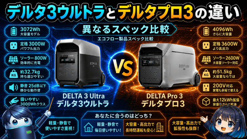エコフロー デルタ3ウルトラとデルタプロ3|異なるスペック比較