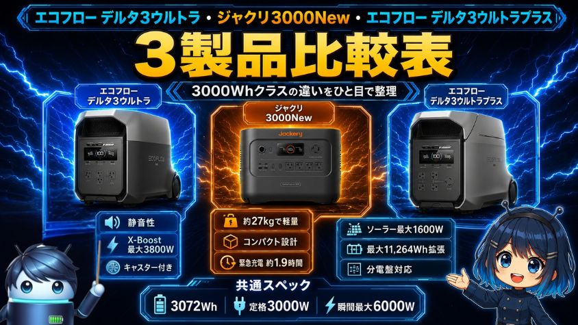 エコフロー デルタ3ウルトラ・ジャクリ3000New・エコフロー デルタ3ウルトラプラス|3製品比較表